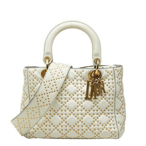Dior Cannage Lady Studded Handbag Shoulder Bag White Gold Leather